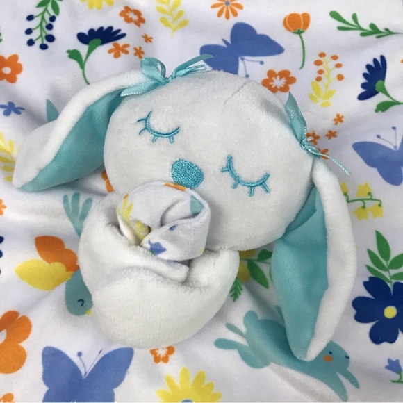 Baby Essentials Bunny Rabbit Lovey Security Blanket Blue White Bird Flower - Picture 3 of 5